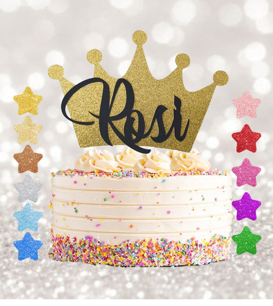 Personalised crown topper, princess crown topper, any name cake tooper, age cake topper, gold glitter crown, birthday cake topper