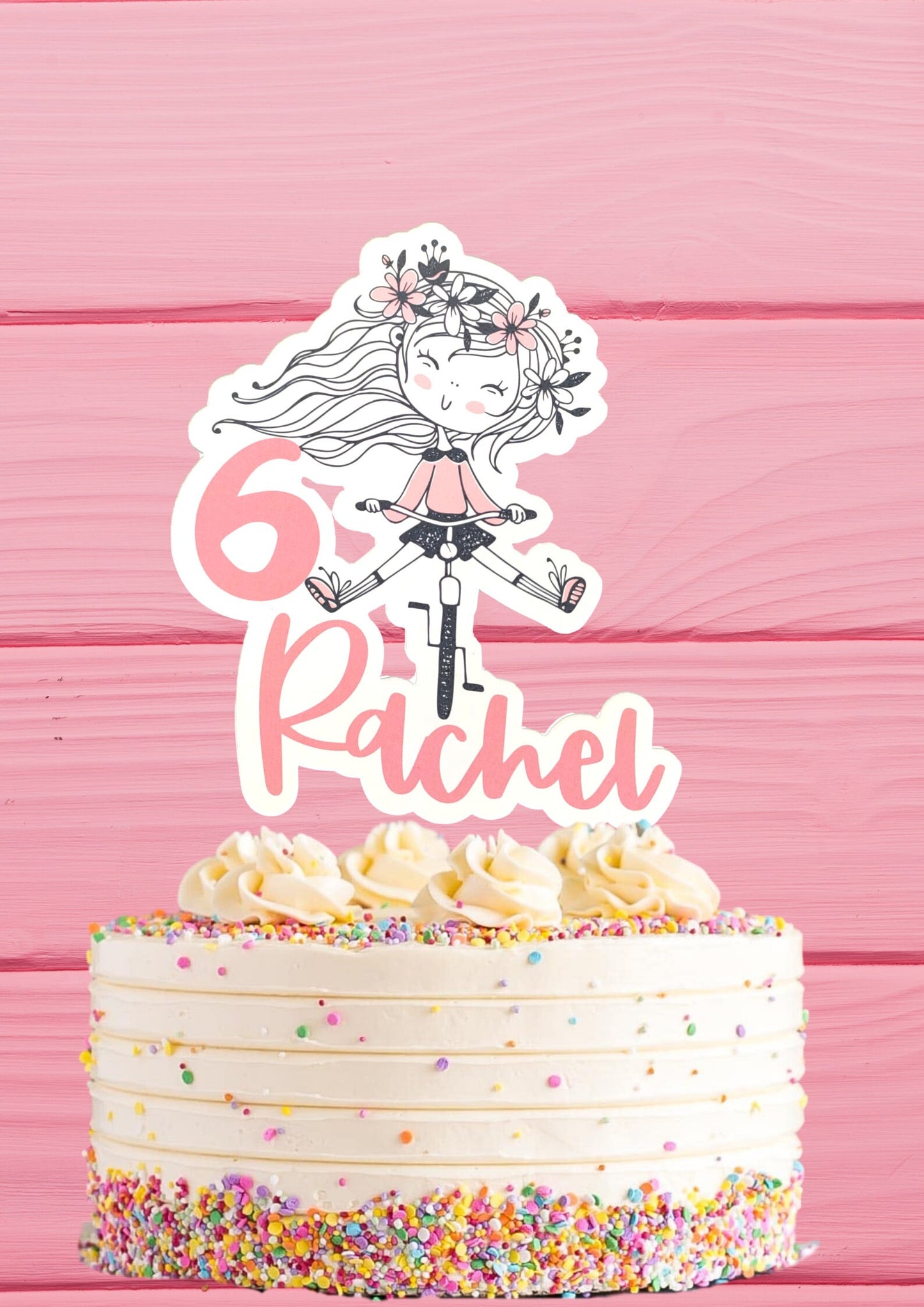 CUSTOM Bicycle GIRL cake topper, Birthday cake topper, personalised your cake topper with any name and age, cake decoration