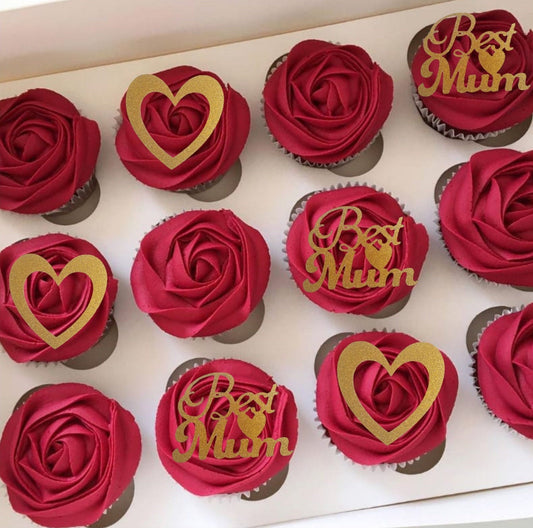 10 PCS Best Mum Happy and heart  Mothers Day cupcake toppers, mum cake topper, glitter topper, personalised topper, flower topper