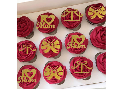 6 pcs I love you mum for Happy Mother's day cupcake topper, mother gifts, bow and gift cupcake  personalised topper