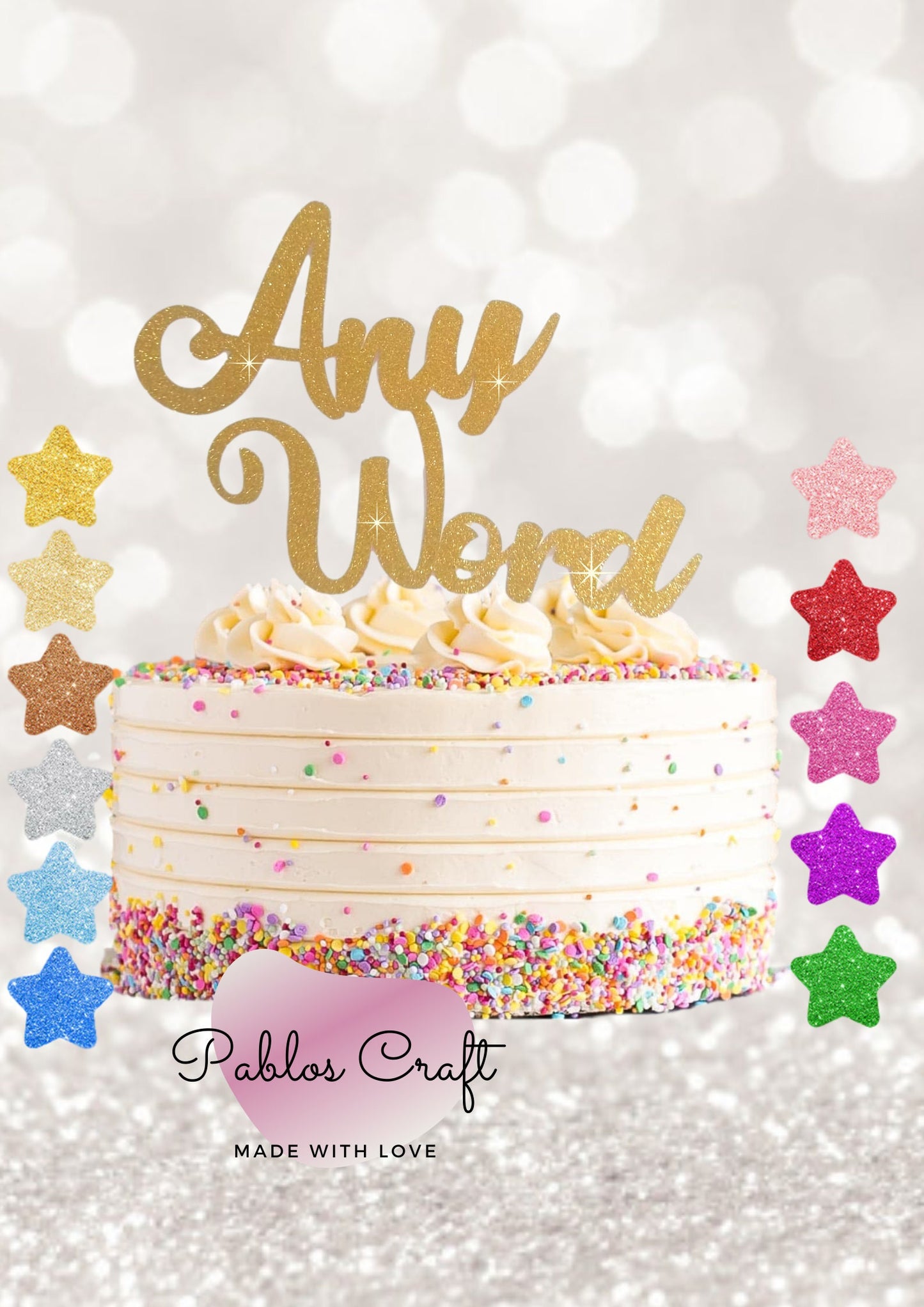 Customised Glitter Cake  and cupcake Topper Any Word Personalised Name Custom, birthday cake topper, birthday cupcake topper